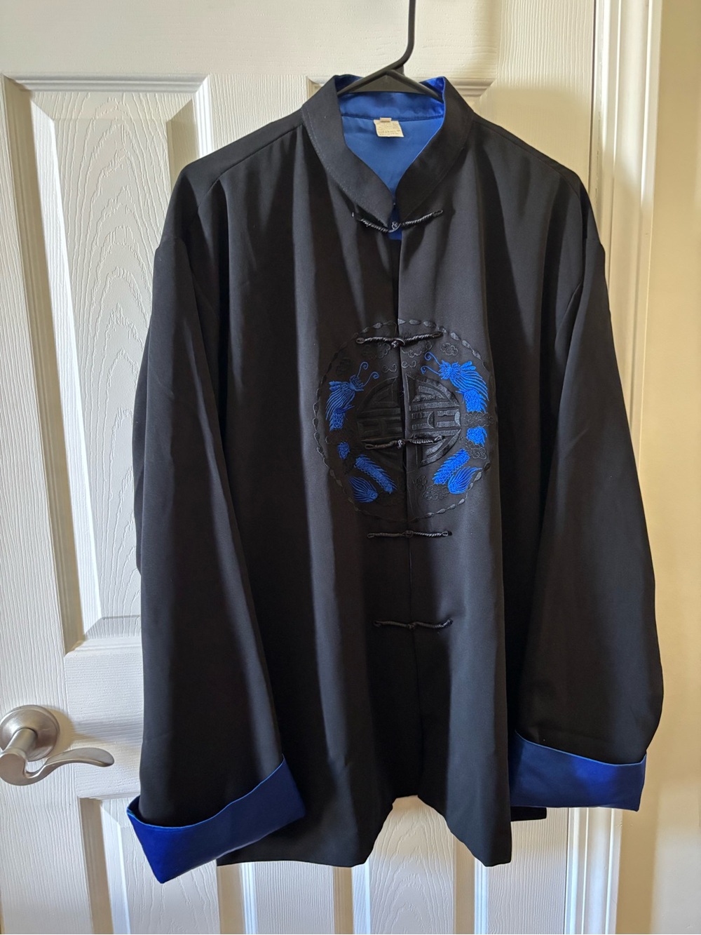 Traditional Mandarin Collar Black & Blue lined Jacket frog closure